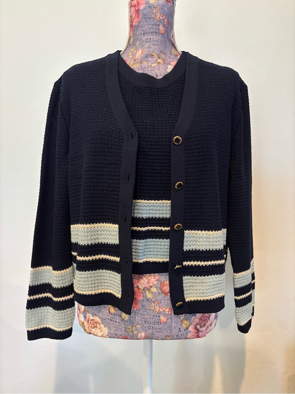 St. John Navy Striped Knit Cardigan and vest shell set